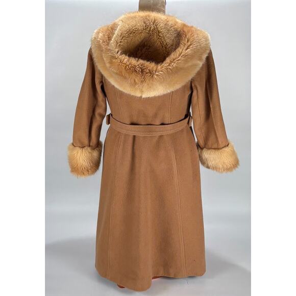 60s 70s Vintage Wool Coat Belted Camel Fur Collar & Cuffs Hooded Jacket Mob Wife - Picture 4 of 16